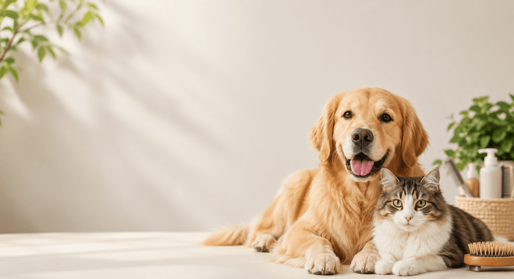 Golden retriever enjoying professional pet grooming