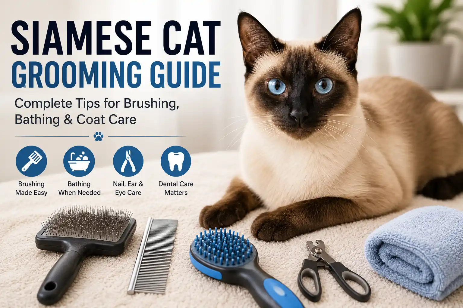 Siamese cat grooming guide with brushes and cat care tools