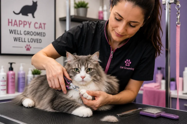 Professional cat grooming near me with a calm long-haired cat