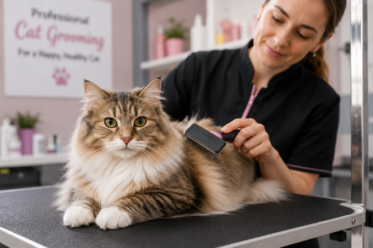 Cat receiving professional grooming services