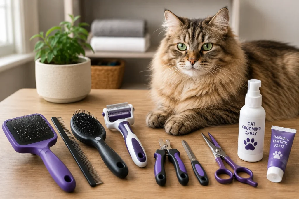 Cat grooming tools including brushes, combs and a deshedding tool