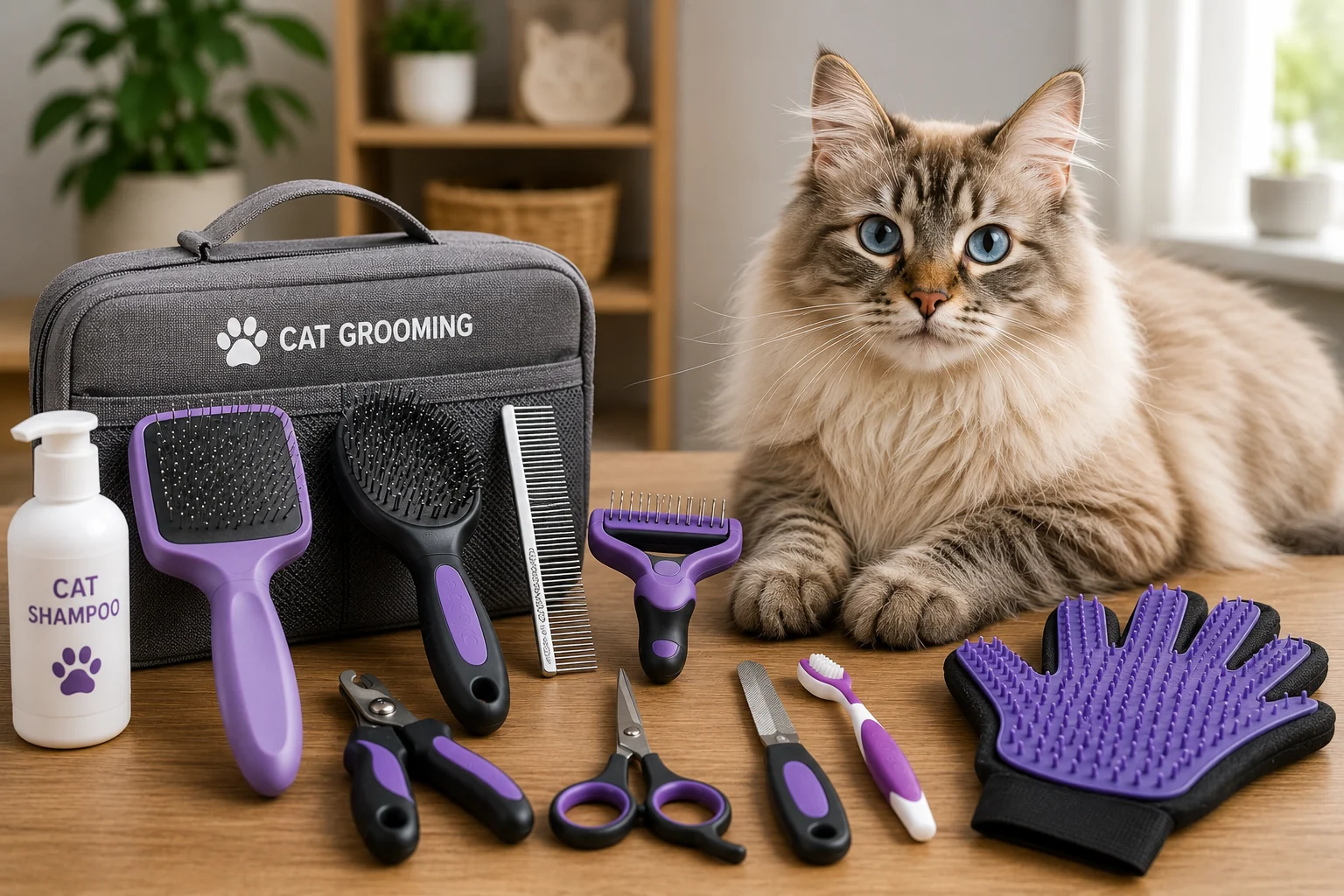 Cat grooming tools arranged beside a long-haired cat