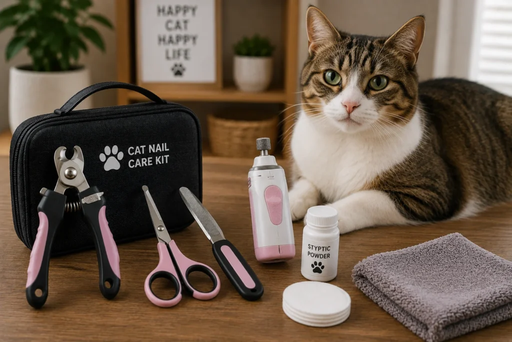 Cat nail clippers and nail grinder for routine cat grooming