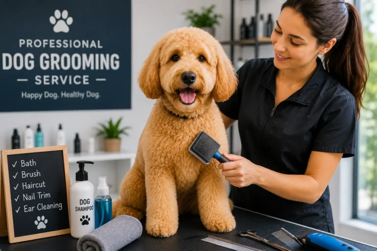 Professional dog grooming service with a groomer brushing a dog