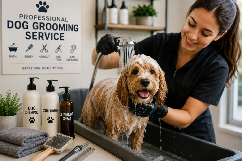 Professional dog grooming service providing a gentle bath in a grooming salon