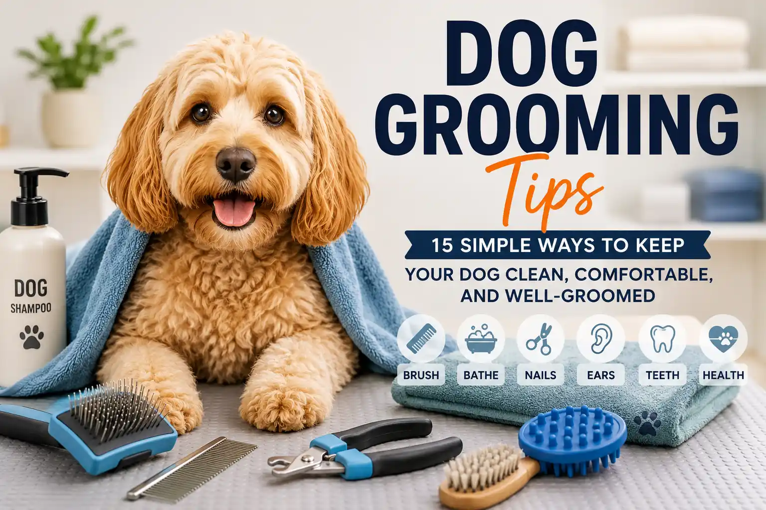 Dog grooming tips with a freshly groomed dog and grooming tools