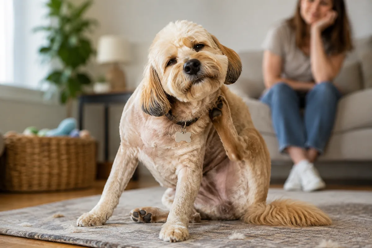 Freshly groomed dog scratching its neck after a grooming appointment
