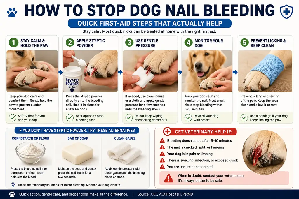 Step-by-step first aid for a dog with a bleeding nail after nail trimming