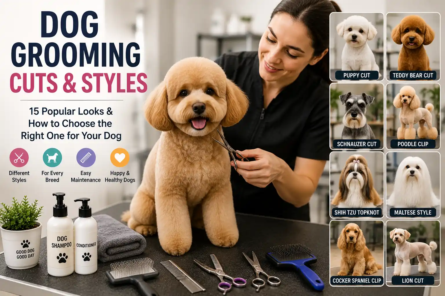 Dog grooming cuts and styles showing popular grooming looks