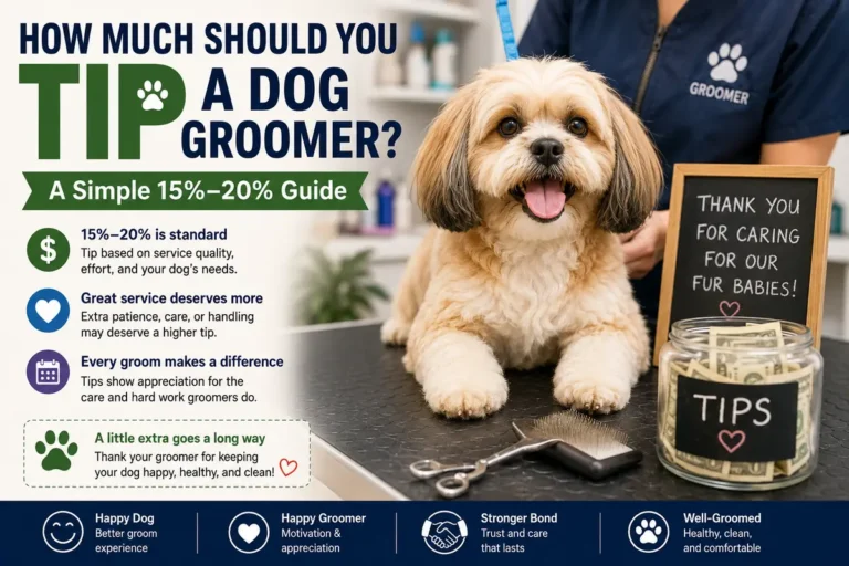 Dog owner paying a professional dog groomer after a grooming appointment