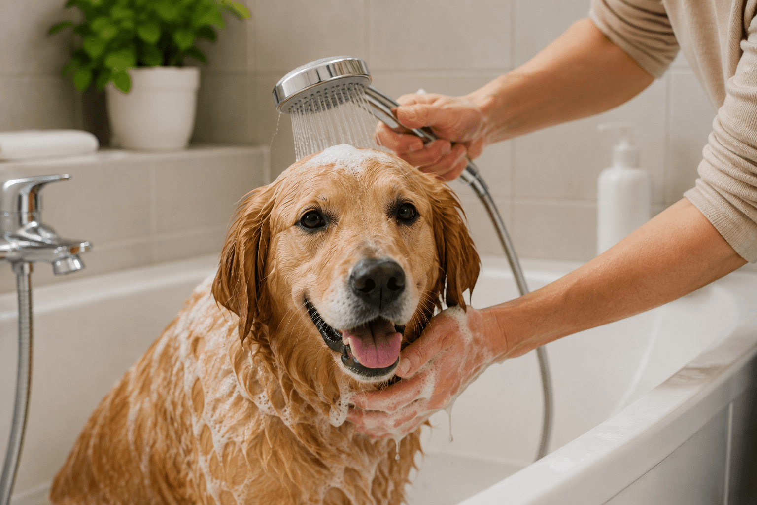 Dog receiving a gentle bath at home