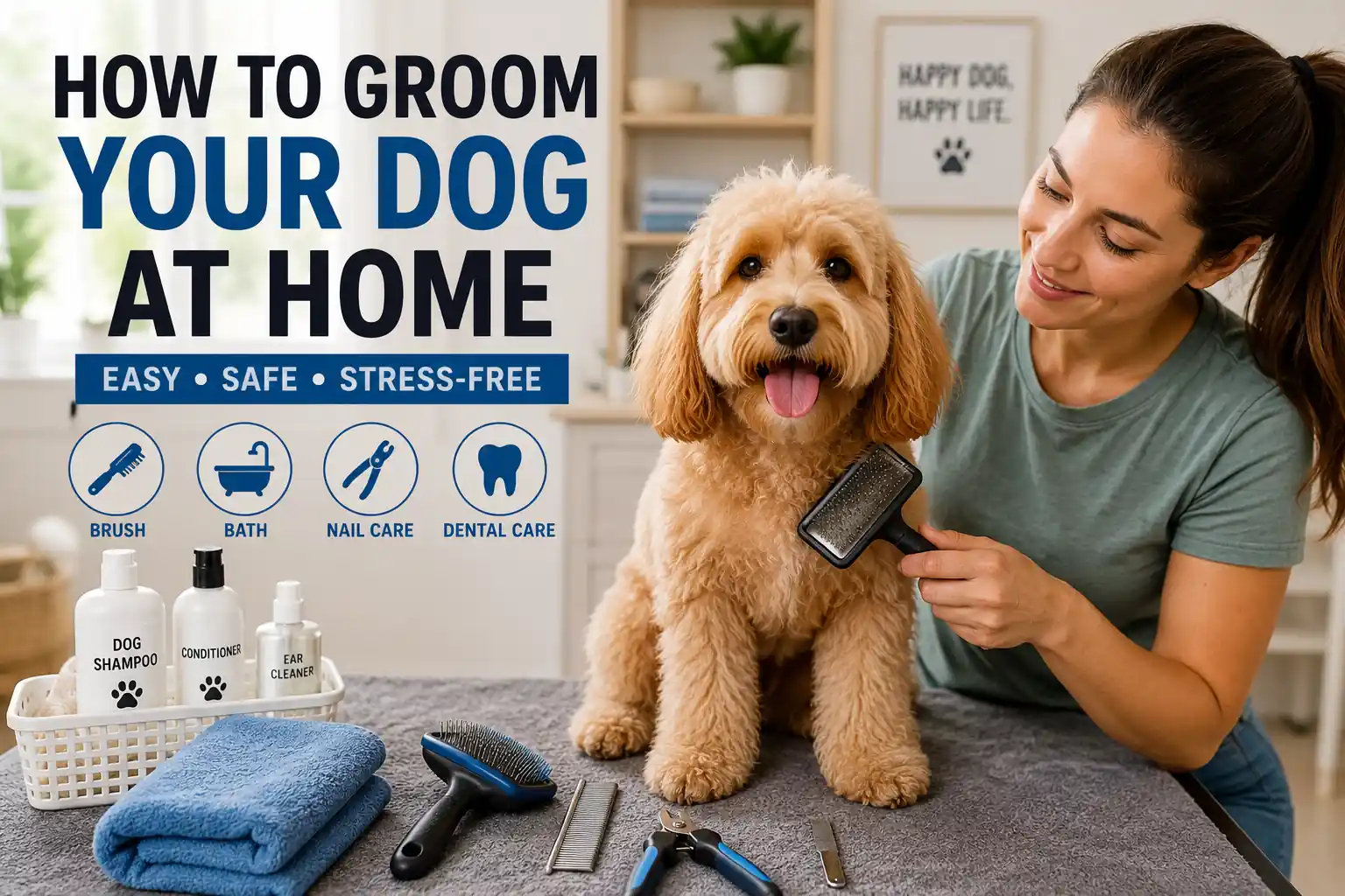 Dog grooming at home with brushing and essential grooming supplies