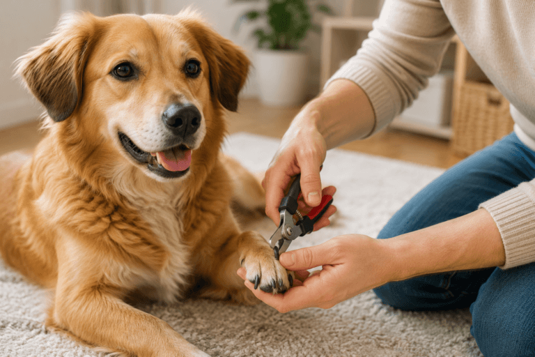 Dog having its nails gently trimmed at home