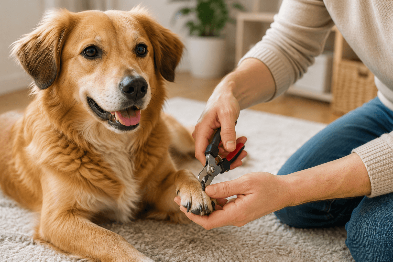Dog having its nails gently trimmed at home