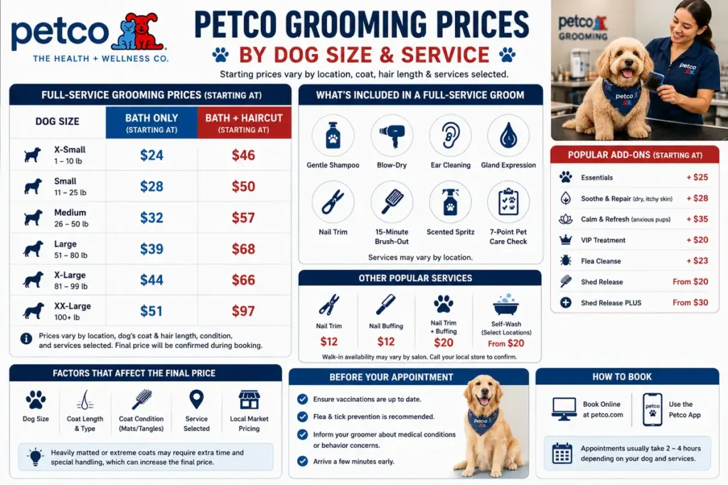 Petco grooming prices by dog size, bath, haircut, and grooming services