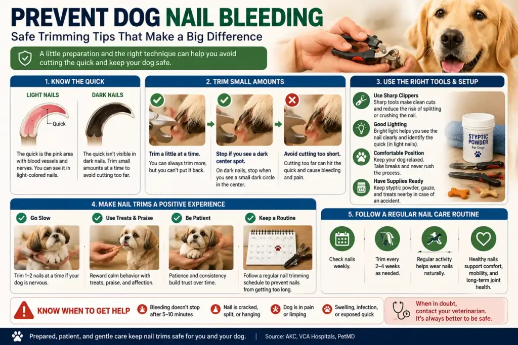 Dog nail trimming safety guide showing how to identify the quick, trim small amounts, and prevent nail bleeding