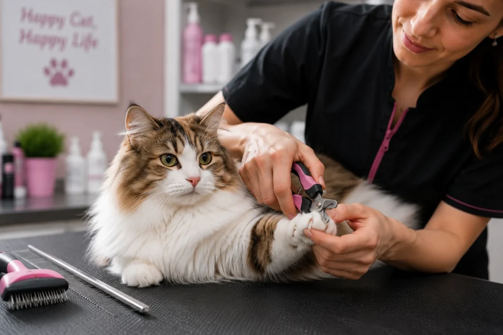 Cat receiving professional grooming and nail trimming
