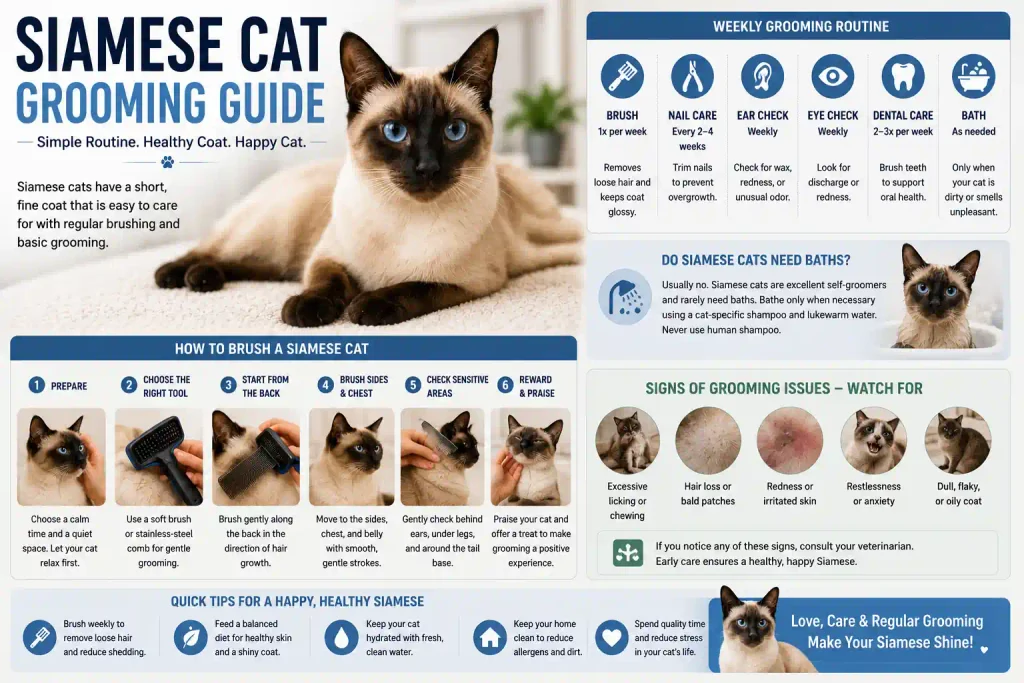 Siamese cat grooming guide with weekly brushing and complete care routine