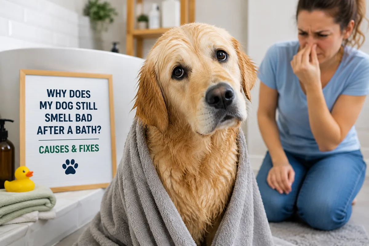 Wet golden retriever wrapped in a towel after a bath while its owner reacts to a bad smell