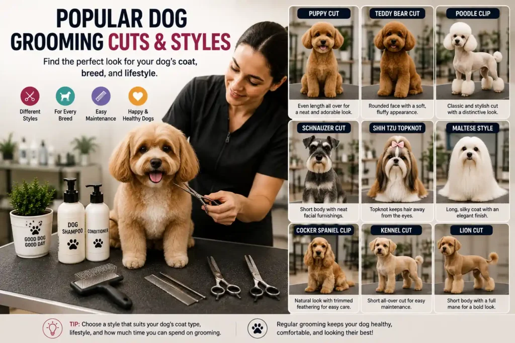 Popular dog grooming cuts and styles for different breeds and coat types
