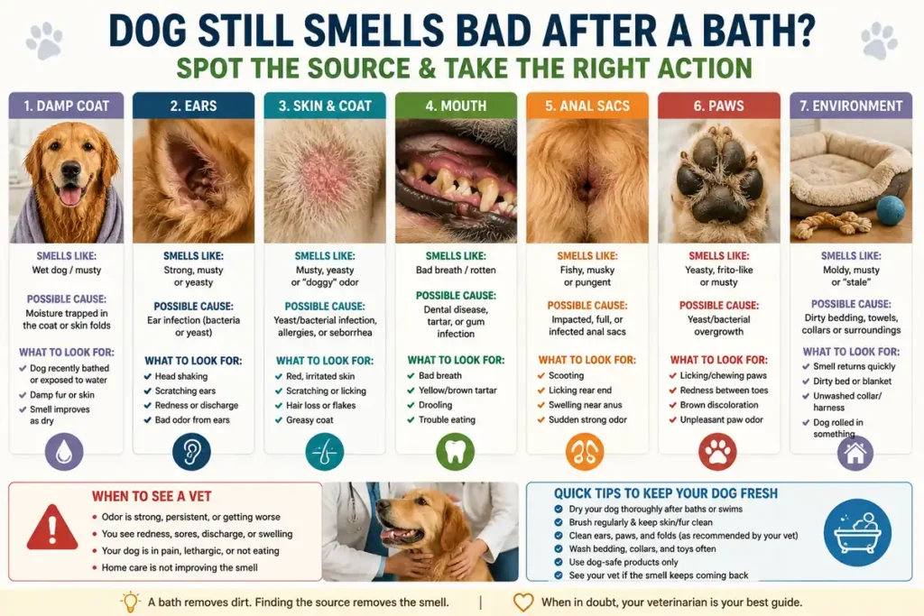Infographic showing seven possible sources of persistent bad odor after a dog bath, including damp fur, ears, skin, mouth, anal sacs, paws, and the environment