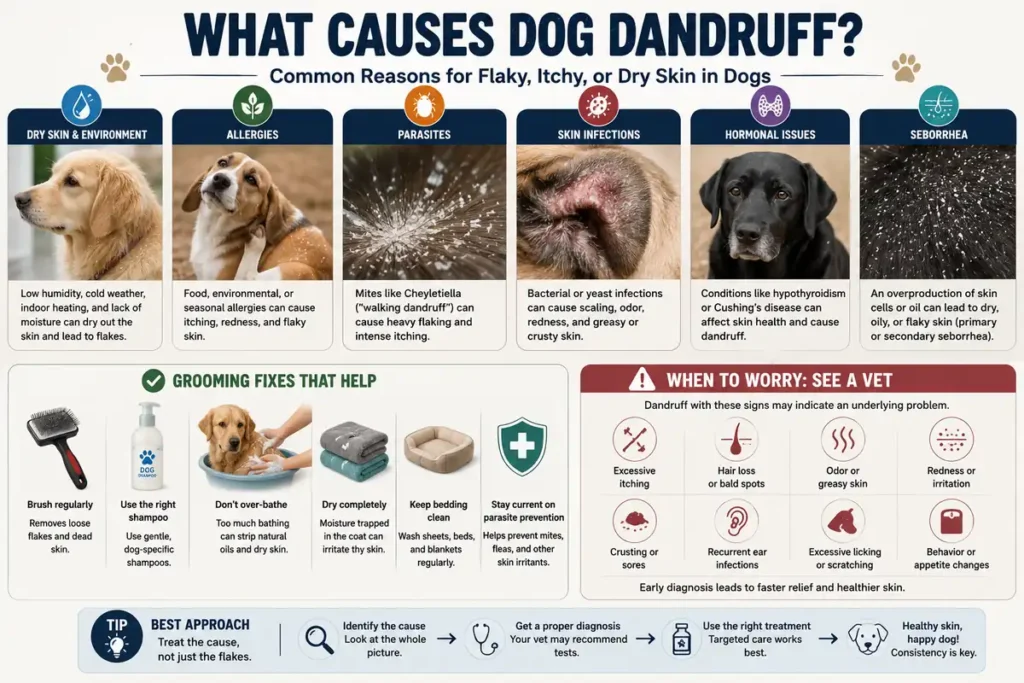 Common causes of dog dandruff including dry skin, allergies, parasites and infections