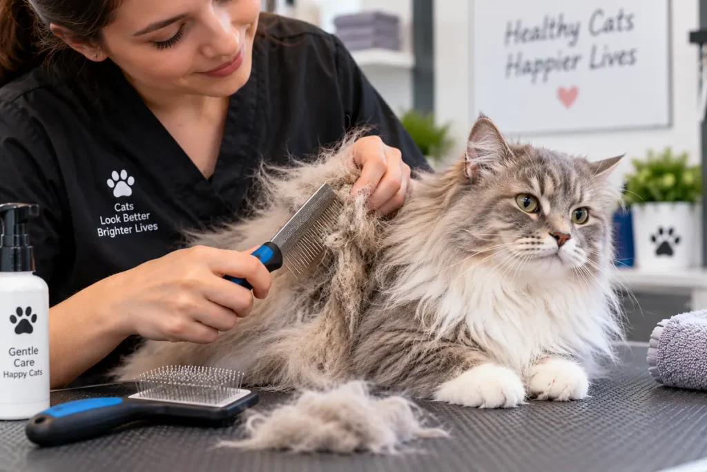 Cat groomer carefully working through a matted cat coa