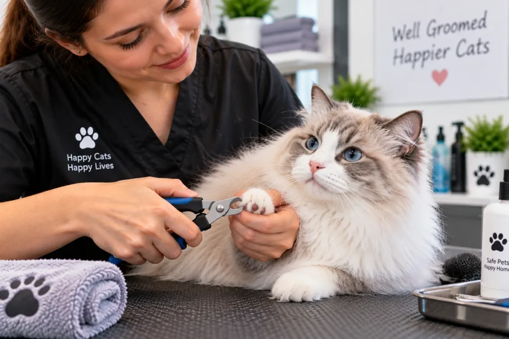 Cat groomer trimming a cat's nails during a professional grooming session