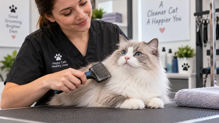 Professional cat groomer brushing a long-haired cat