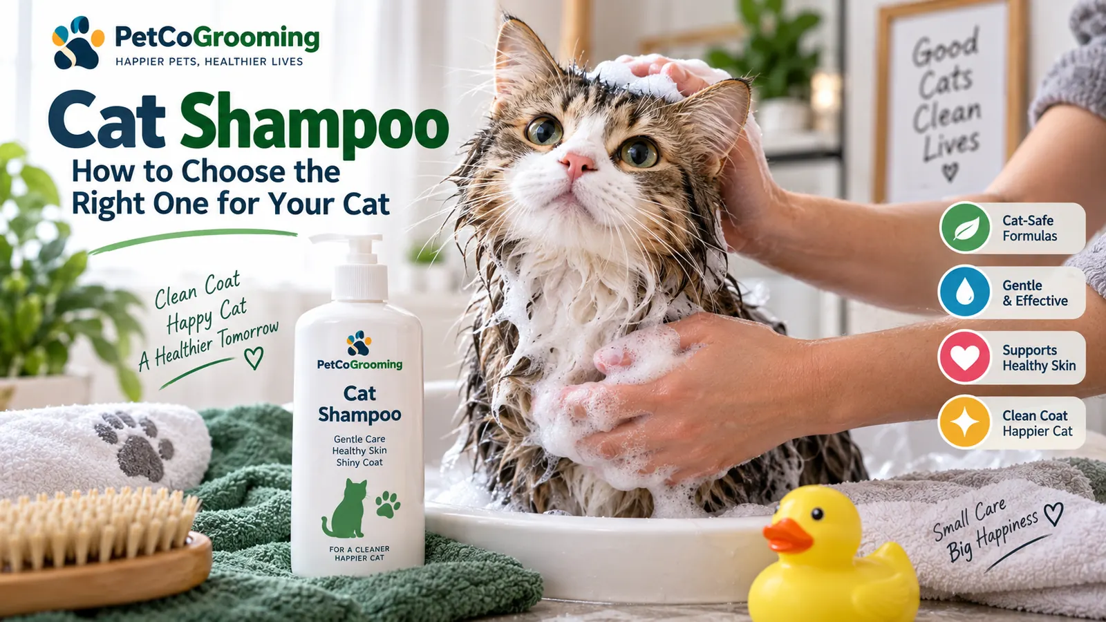 Cat being gently bathed with cat shampoo