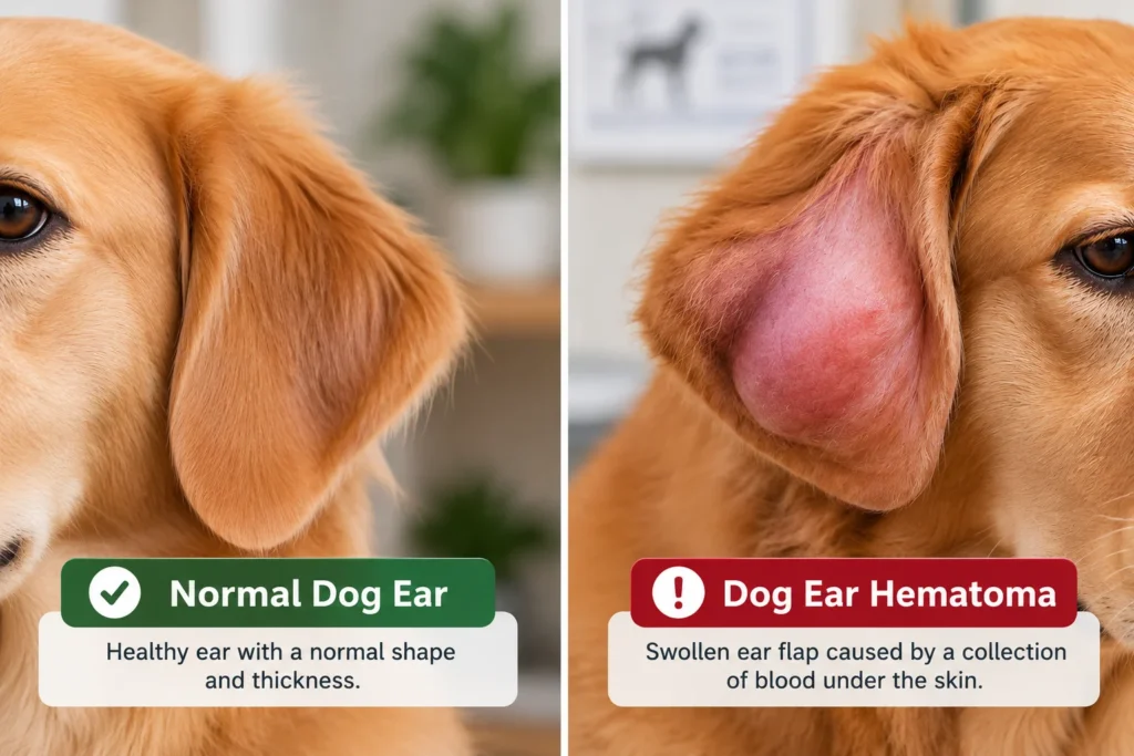 Comparison of a normal dog ear and a swollen ear affected by a hematoma