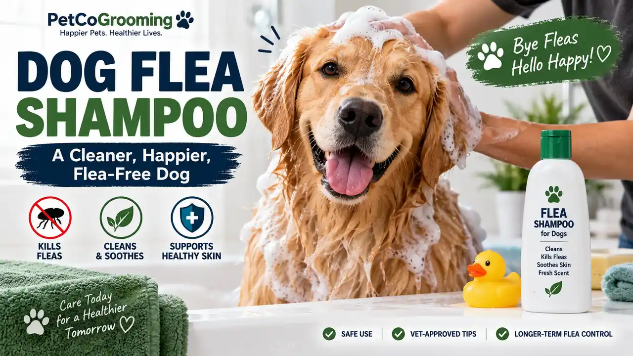 Dog flea shampoo guide showing a dog being safely bathed