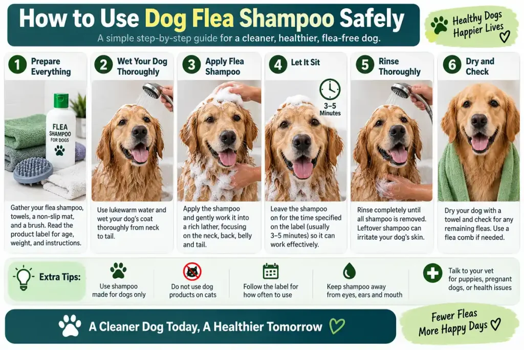 Step-by-step guide showing how to use dog flea shampoo safely