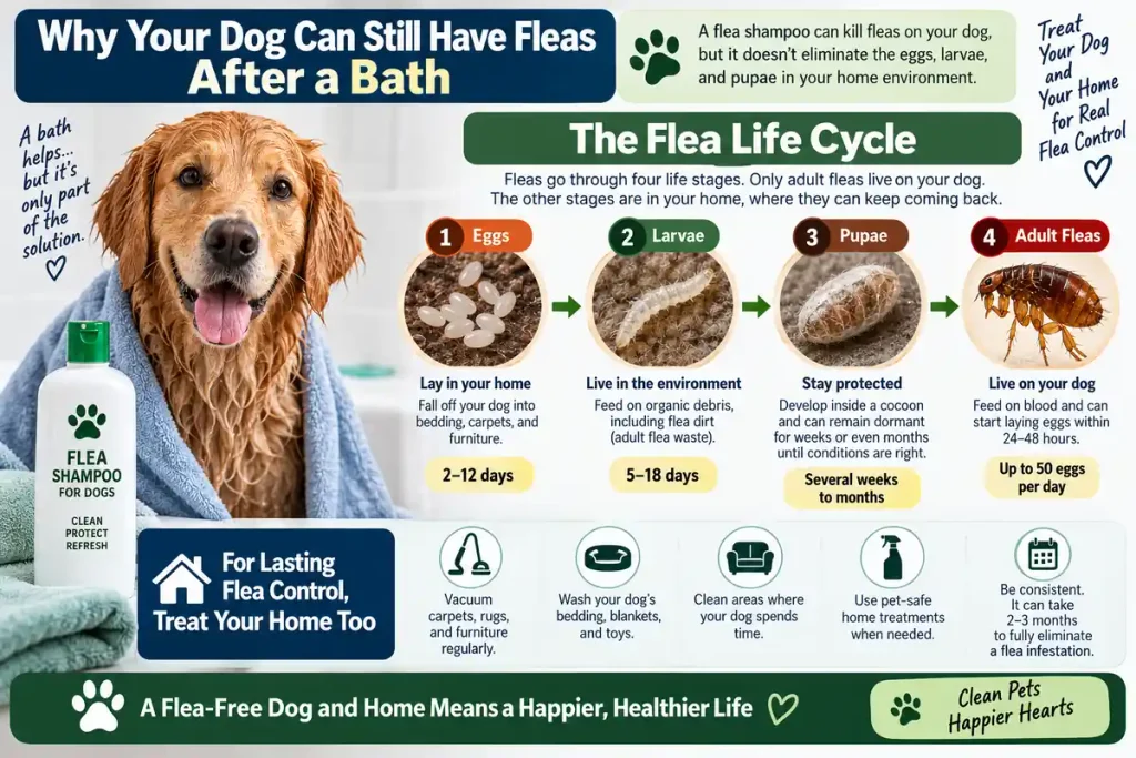 Dog flea life cycle showing why fleas return after a bath