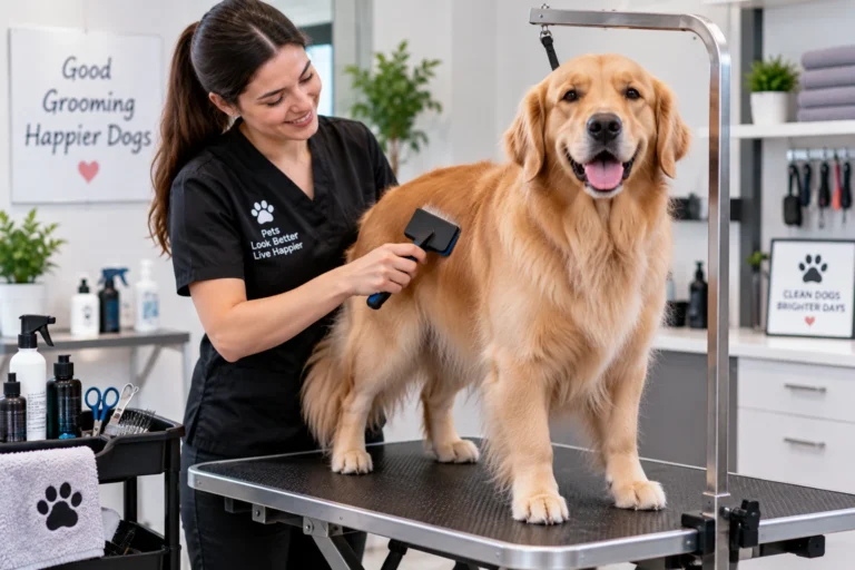 Professional groomer brushing a dog on a grooming table