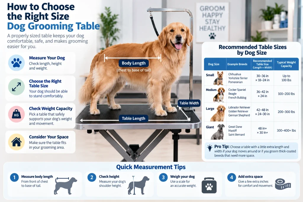 Dog standing on a grooming table with size and measurement guide