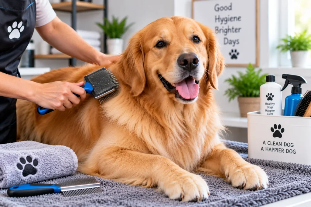 Golden retriever being brushed as part of a regular dog hygiene routine