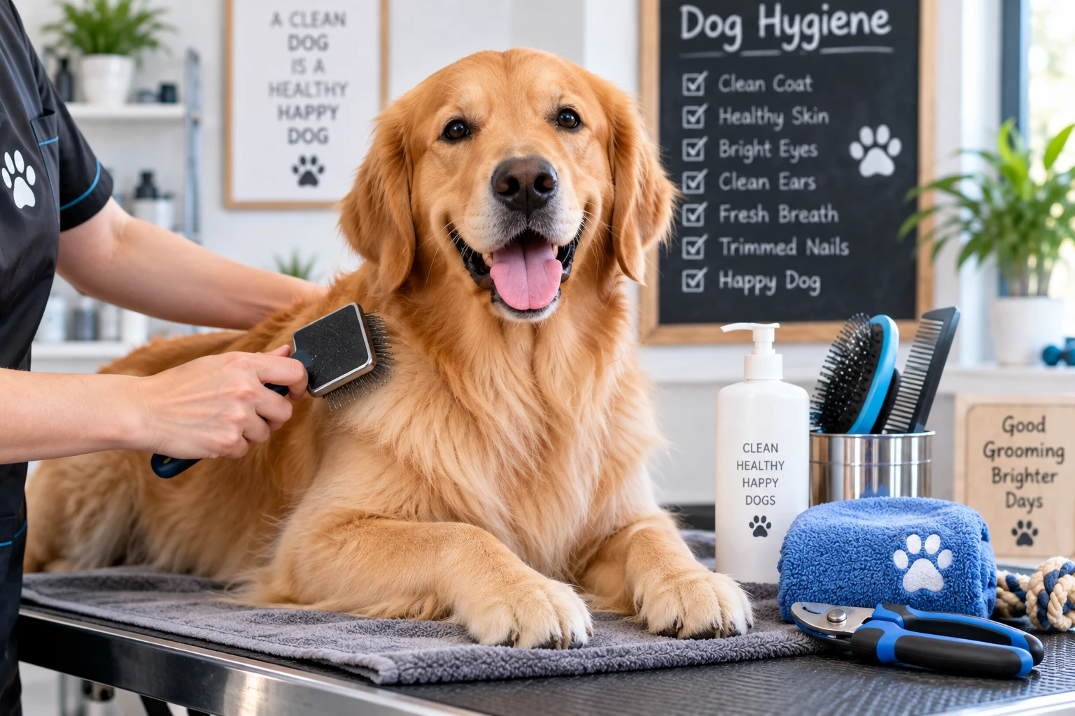 Golden retriever receiving routine grooming for good dog hygiene