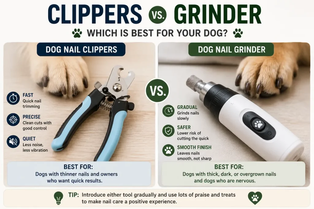 Dog nail clippers and grinder compared for nail trimming