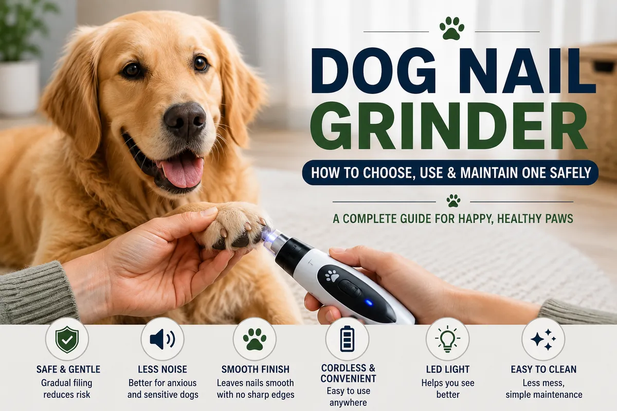 Dog having its nails safely groomed with a dog nail grinder