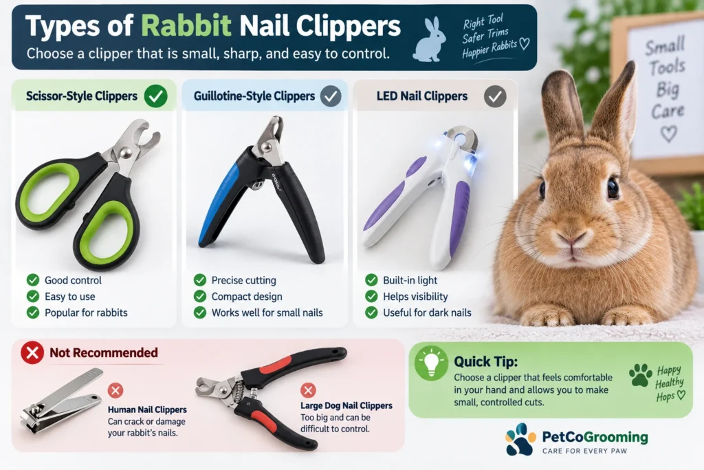 Types of rabbit nail clippers including scissor style guillotine style and LED clippers