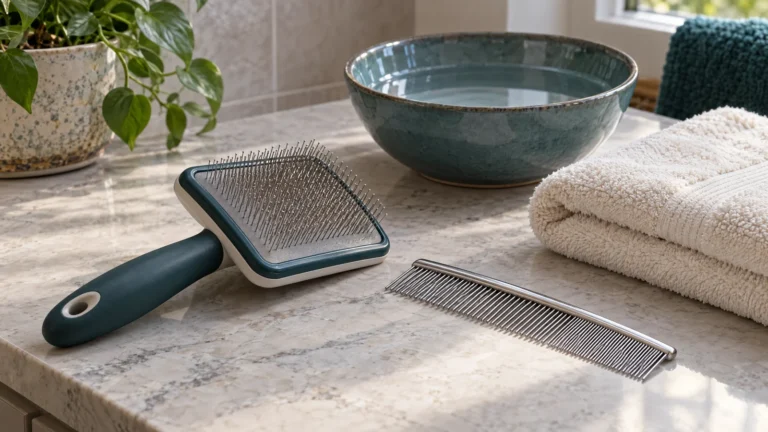 Dog slicker brush and stainless steel comb beside a folded towel on a bathroom counter