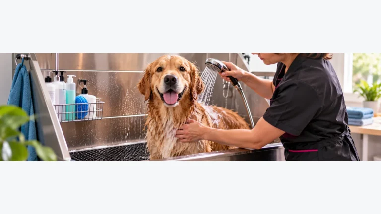 Golden retriever standing on a nonslip surface in a dog grooming tub while a groomer gently rinses its coat