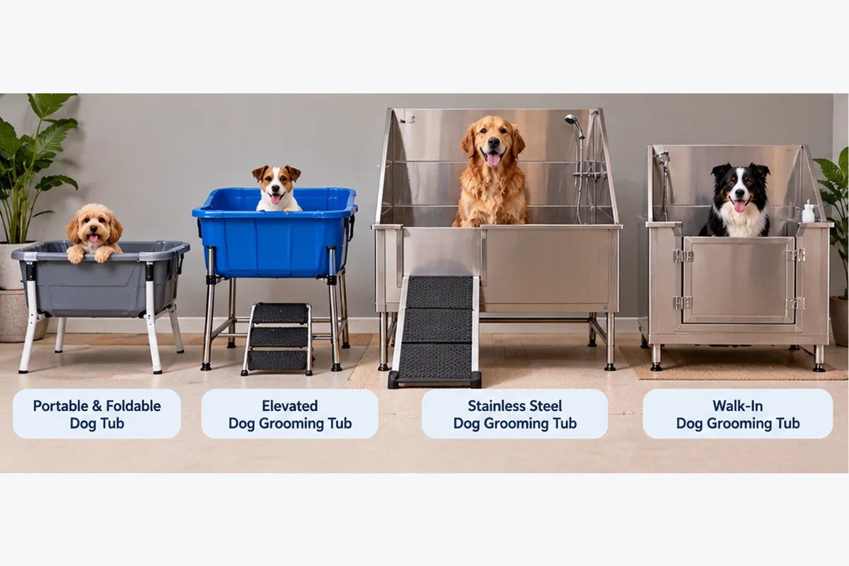 Portable, elevated, stainless steel, and walk-in dog grooming tubs shown side by side