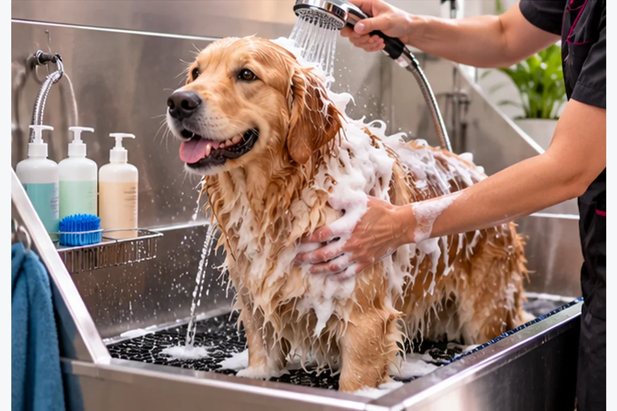 Groomer gently rinsing a golden retriever in a dog grooming tub with a nonslip floor