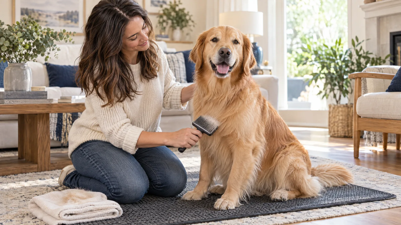 Owner gently brushing a golden retriever on a nonslip mat at home
