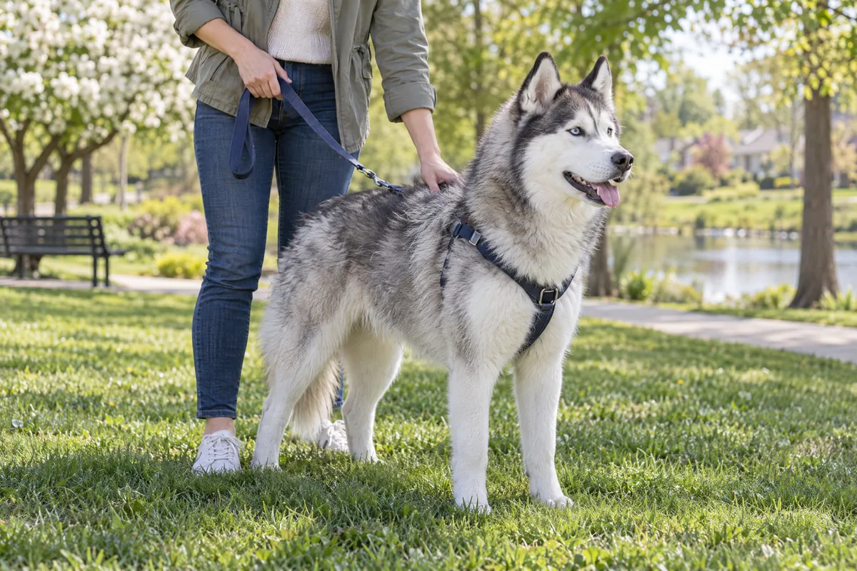 Healthy double-coated husky standing beside its owner in a spring park