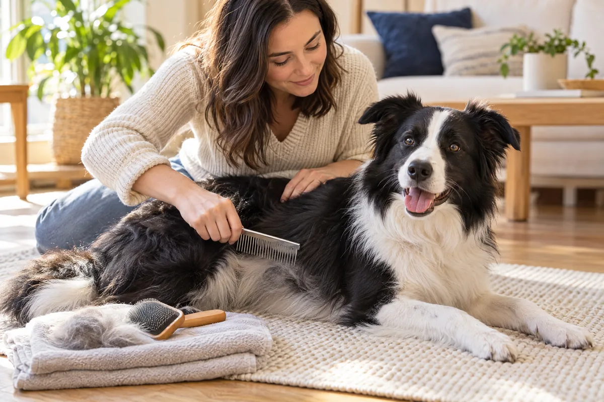 Owner gently combing a border collie with loose fur collected on a towel
