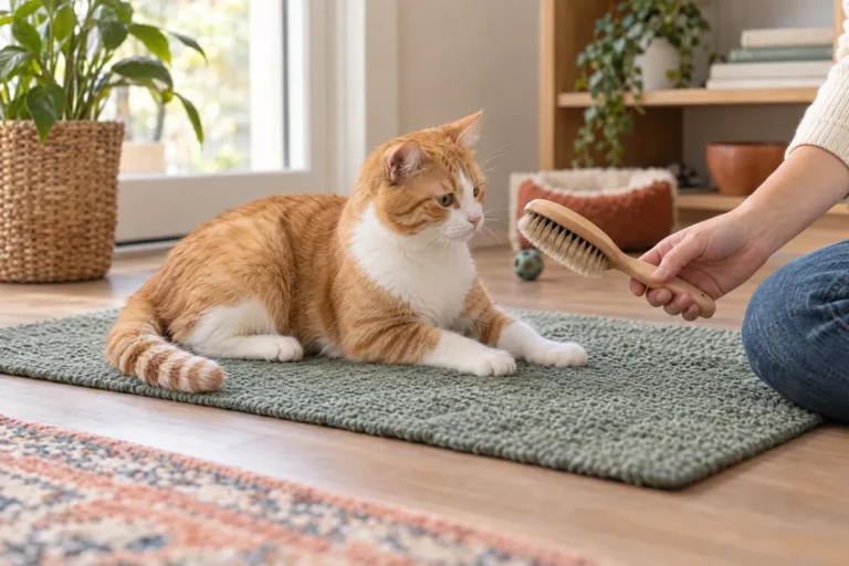 Orange-and-white cat calmly investigating a brush held nearby on a floor-level mat.