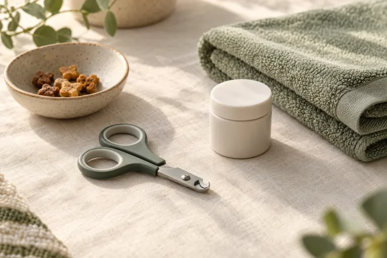 Cat-sized nail clippers, a closed jar, treats, and a folded towel arranged for a nail-care session.